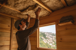 Homem instala lã de ovelha no teto de casa de madeira como isolante térmico natural, com vista de morro ao fundo.